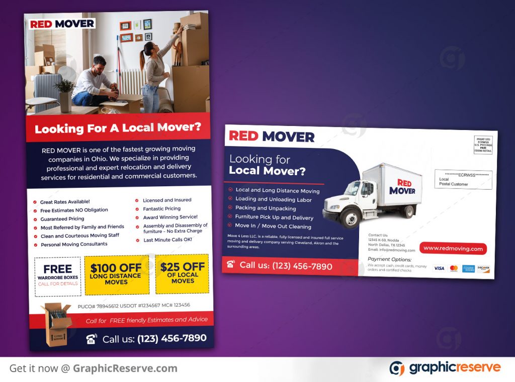 Moving Company Marketing Every Door Direct Mail EDDM Postcard. 